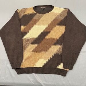 Vintage Liberty Sweaters Mens LT Brown Geometric Knit Grandpacore Sweater USA